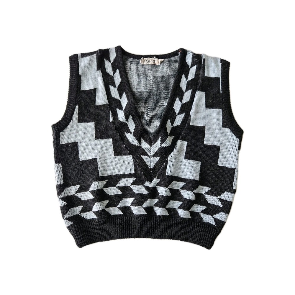 Vtg ESPRIT Geometric Chevron Patterned Preppy V-Neck Cropped Knit Sweater Vest S